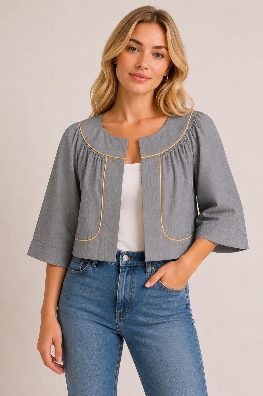 Anthropologie Cidra Cropped Jacket Stripe Round Neck Size 8 White Black